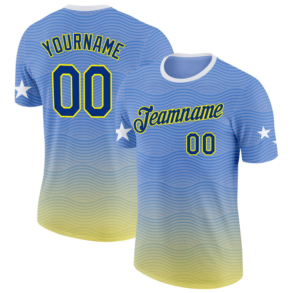 Custom Blue Royal Light Yellow-White Curacao Wave Soccer Jersey Performance T-Shirt