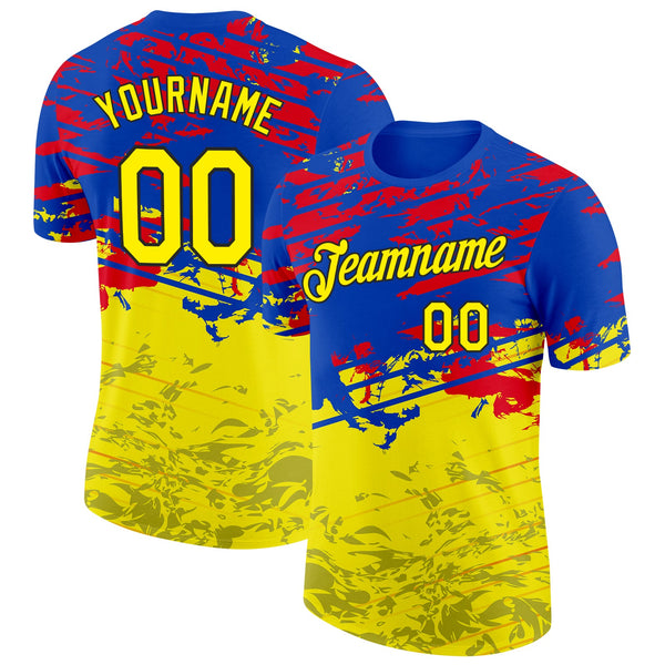 Custom Blue Light Yellow Red-Black Ecuador Splash Soccer Jersey Performance T-Shirt