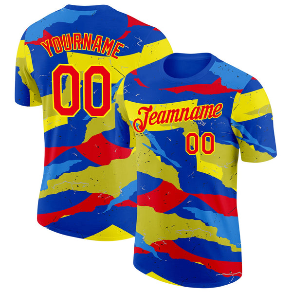 Custom Blue Fire Red-Light Yellow Ecuador Splash Soccer Jersey Performance T-Shirt