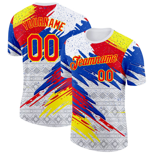 Custom White Fire Red Light Yellow Blue-Gray Ecuador Splash Geometric Soccer Jersey Performance T-Shirt