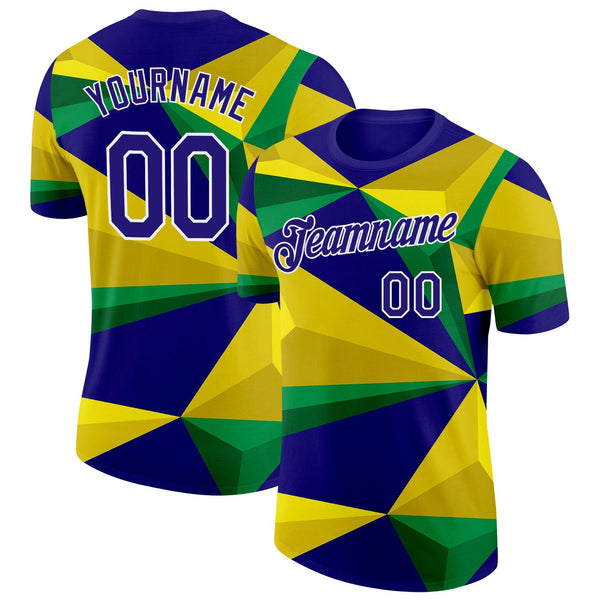 Custom Yellow Dark Purple Green-White Brazil Geometric Shape Soccer Jersey Performance T-Shirt