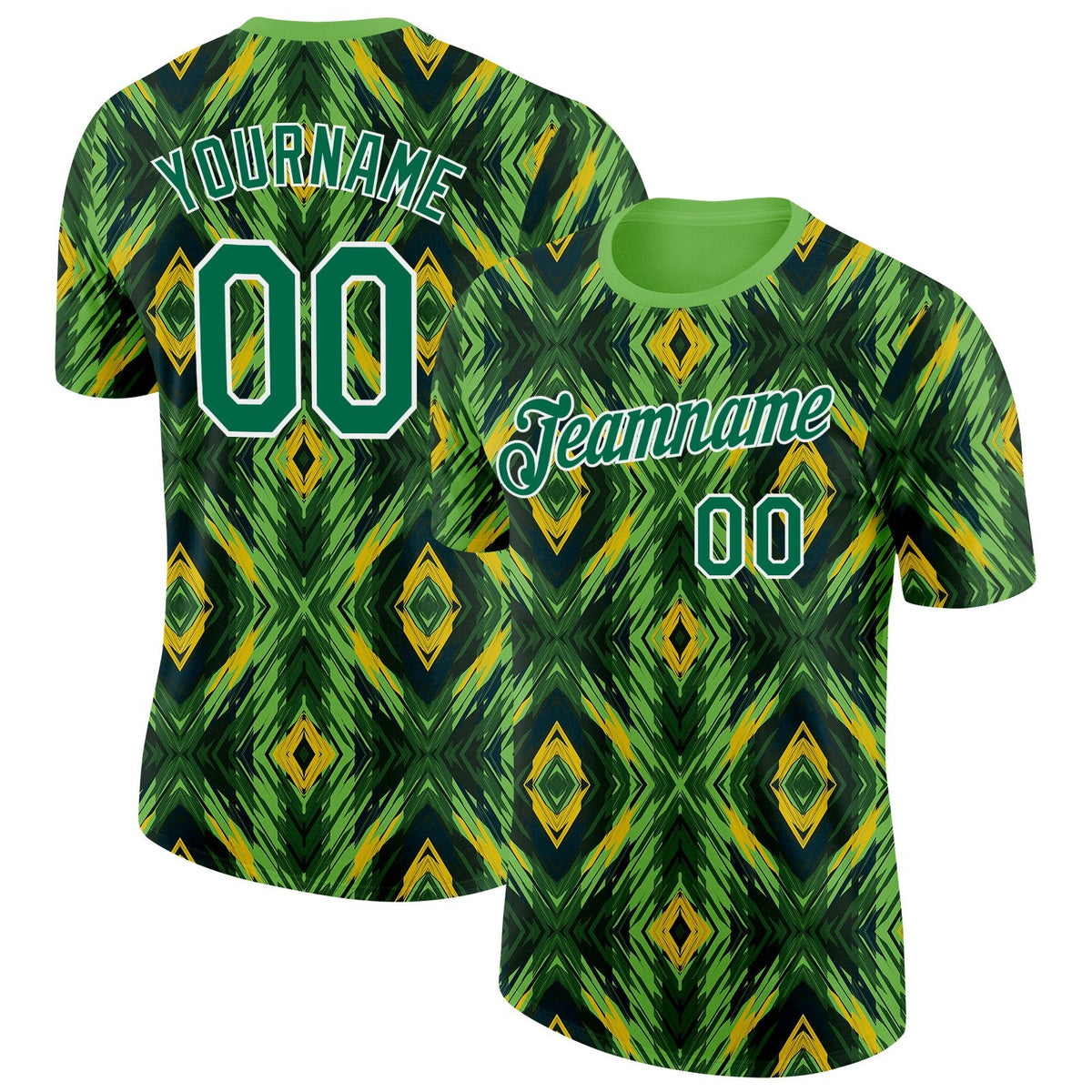Custom Green Kelly Green Yellow Black-White Brazil Geometric Shape Soccer Jersey Performance T-Shirt