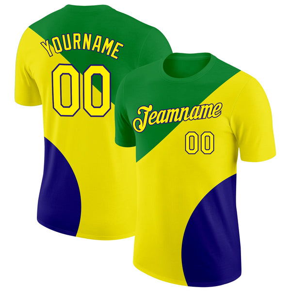 Custom Green Light Yellow-Dark Purple Brazil Color Blocks Soccer Jersey Performance T-Shirt