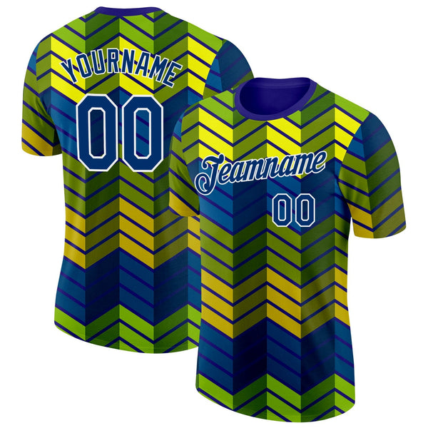 Custom Blue US Navy Blue Yellow Green-White Brazil Zigzag Geometric Shape Soccer Jersey Performance T-Shirt