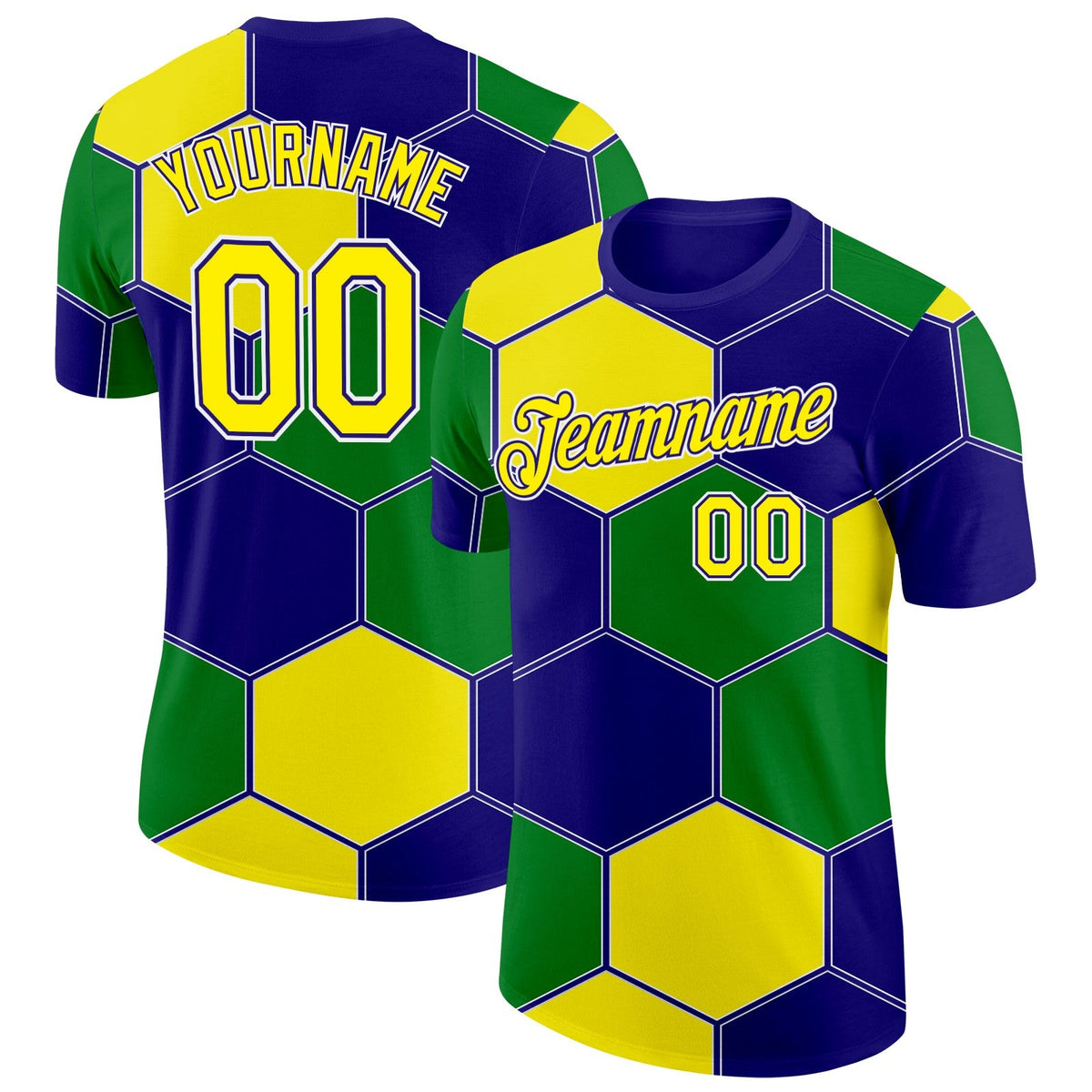 Custom Dark Purple Light Yellow Green-White Brazil Hexagons Geometric Shape Soccer Jersey Performance T-Shirt