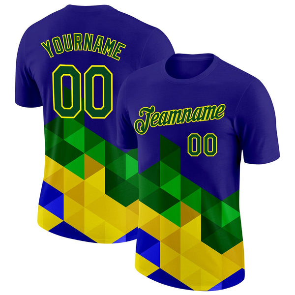 Custom Dark Purple Green-Light Yellow Brazil Triangle Geometric Shape Soccer Jersey Performance T-Shirt