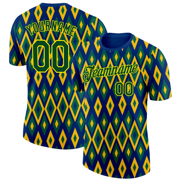 Custom Blue Green Yellow-Light Yellow Brazil Geometric Shape Soccer Jersey Performance T-Shirt
