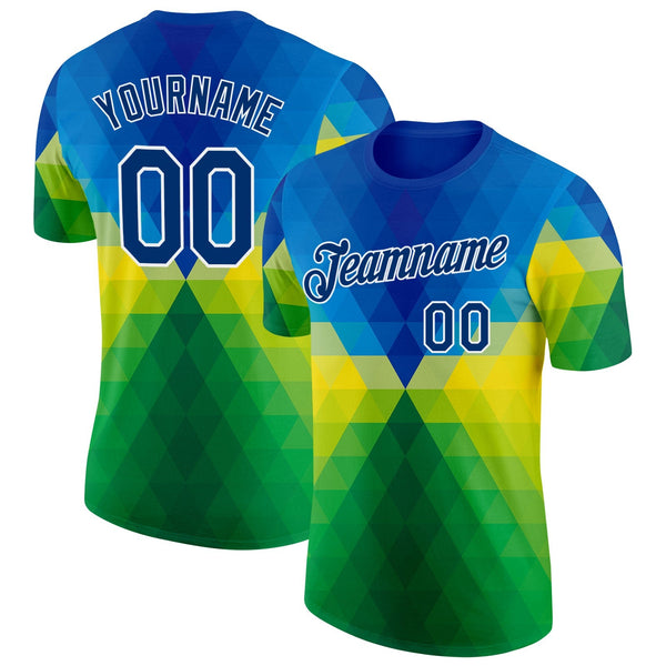 Custom Blue US Navy Blue Green Yellow-White Brazil Gradient Geometric Shape Soccer Jersey Performance T-Shirt