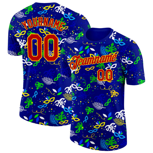 Custom Blue Red-Gold Brazil Tropical Leaves Soccer Jersey Performance T-Shirt