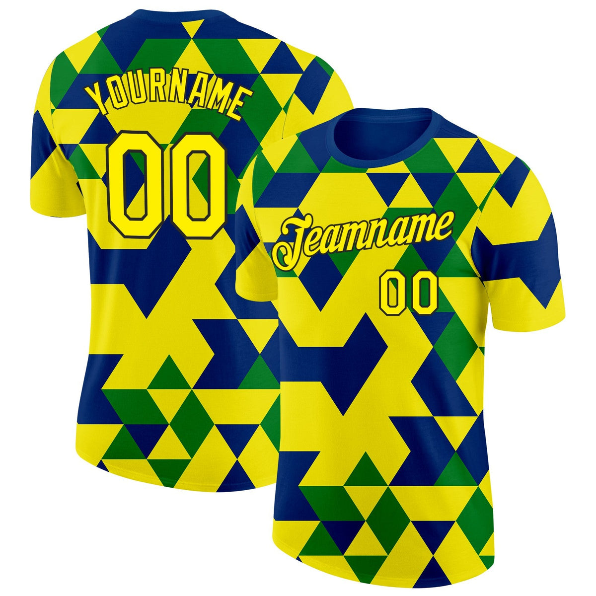 Custom Light Yellow Blue Green-Black Brazil Geometric Shape Soccer Jersey Performance T-Shirt