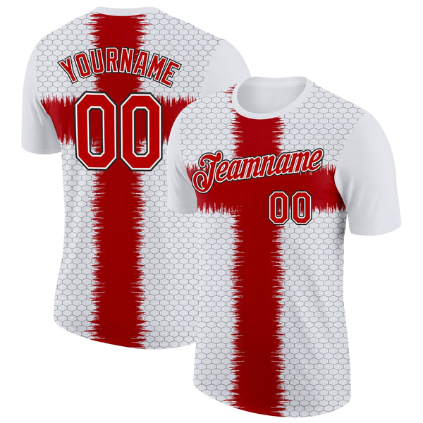 Custom White Red Gray-Black England Cross Geometric Shape Soccer Jersey Performance T-Shirt