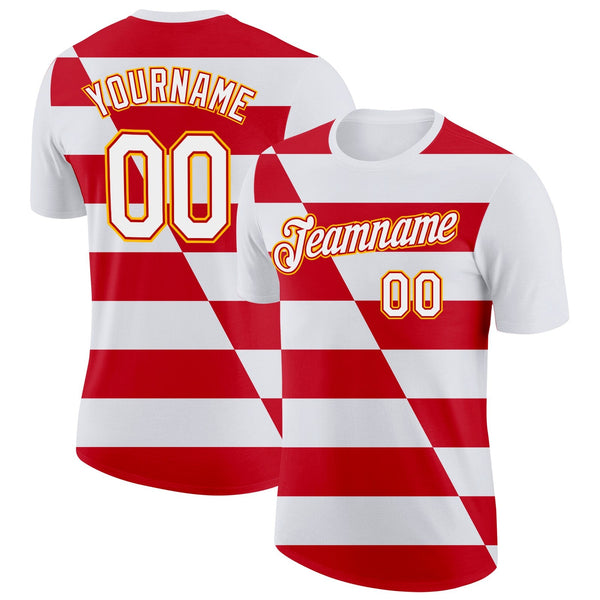 Custom White Red-Gold England Stripe Soccer Jersey Performance T-Shirt