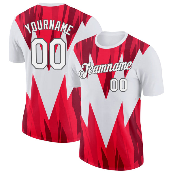 Custom White Red-Steel Gray England Geometric Shape Soccer Jersey Performance T-Shirt