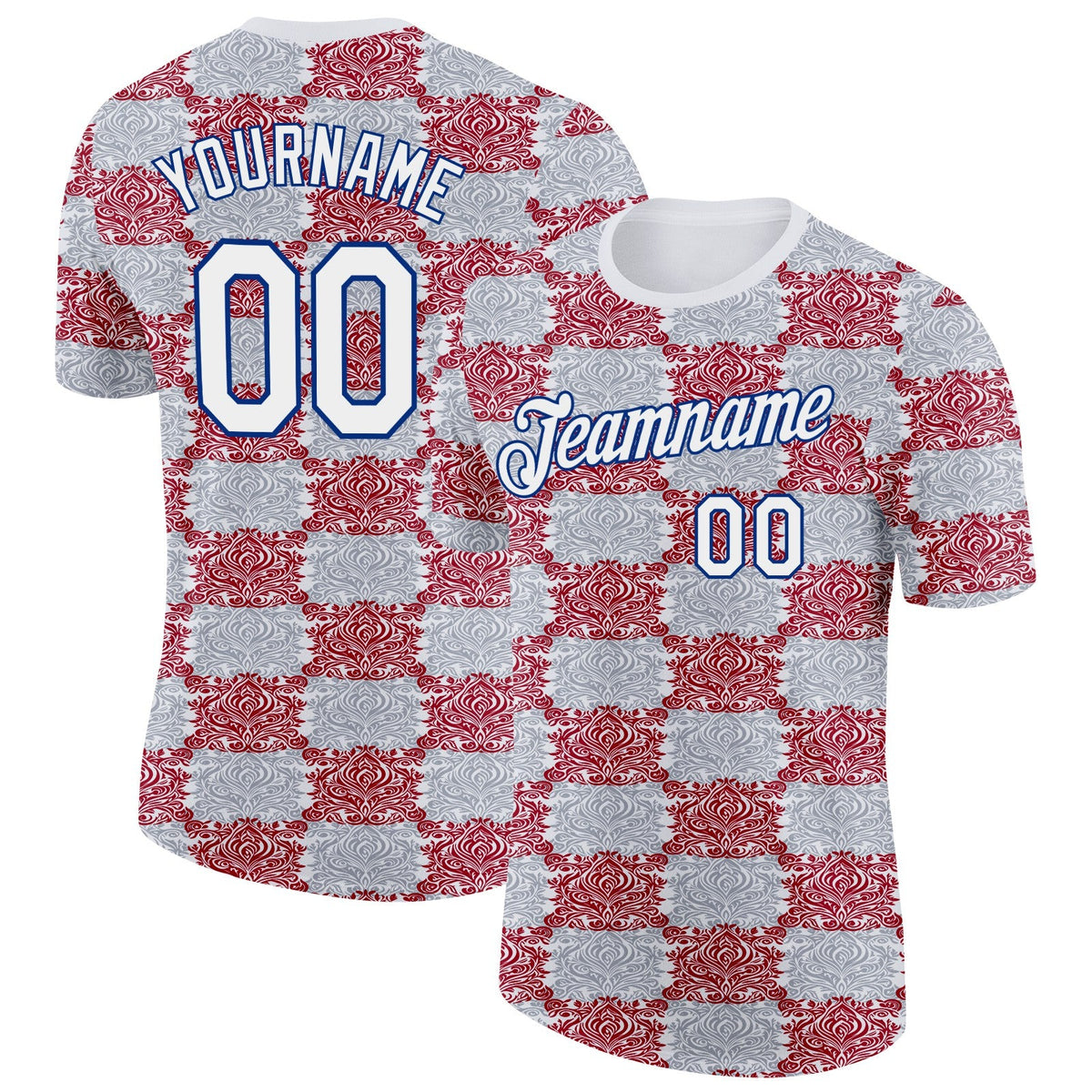 Custom Gray White Red-Royal England Checkerboard Damask Soccer Jersey Performance T-Shirt