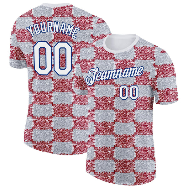 Custom Gray White Red-Royal England Checkerboard Damask Soccer Jersey Performance T-Shirt