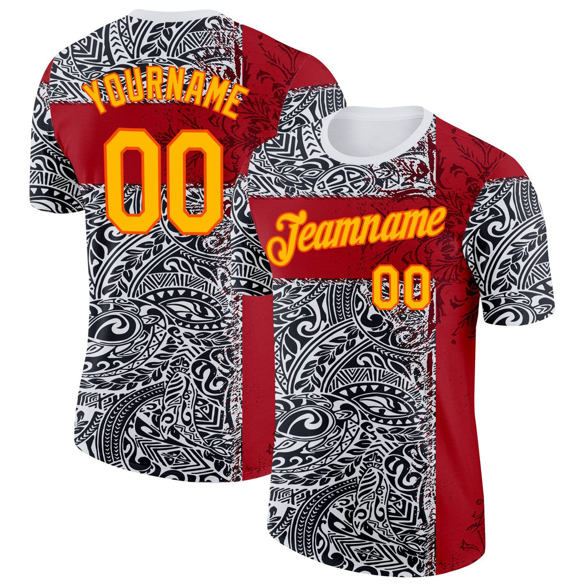 Custom Black Gold Red Orange-White England Polynesian Tribal Soccer Jersey Performance T-Shirt