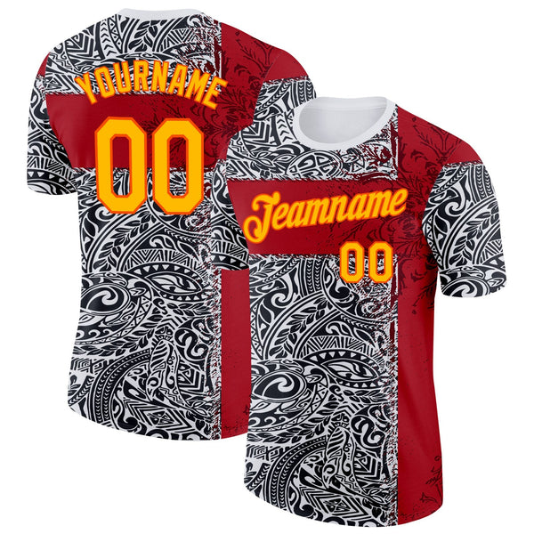 Custom Black Gold Red Orange-White England Polynesian Tribal Soccer Jersey Performance T-Shirt
