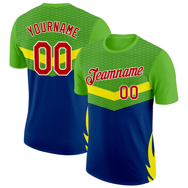 Custom Green Red Yellow Blue-White Brazil Geometric Shape Soccer Jersey Performance T-Shirt