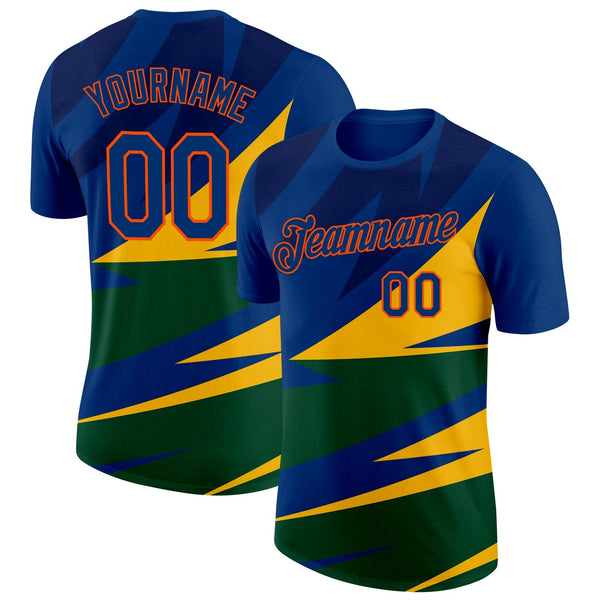 Custom Blue US Navy Blue Yellow Green-Orange Brazil Geometric Shape Soccer Jersey Performance T-Shirt