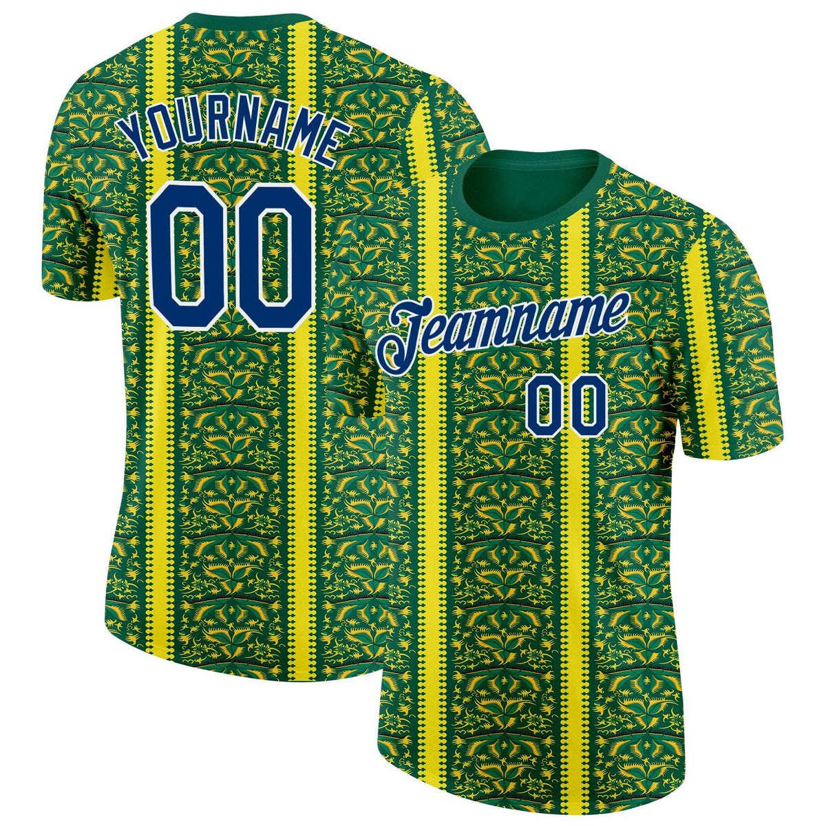 Custom Green US Navy Blue Yellow-White Brazil Ethnic Tribal Soccer Jersey Performance T-Shirt