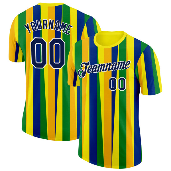 Custom Gold Navy Blue Green-White Brazil Stripe Soccer Jersey Performance T-Shirt