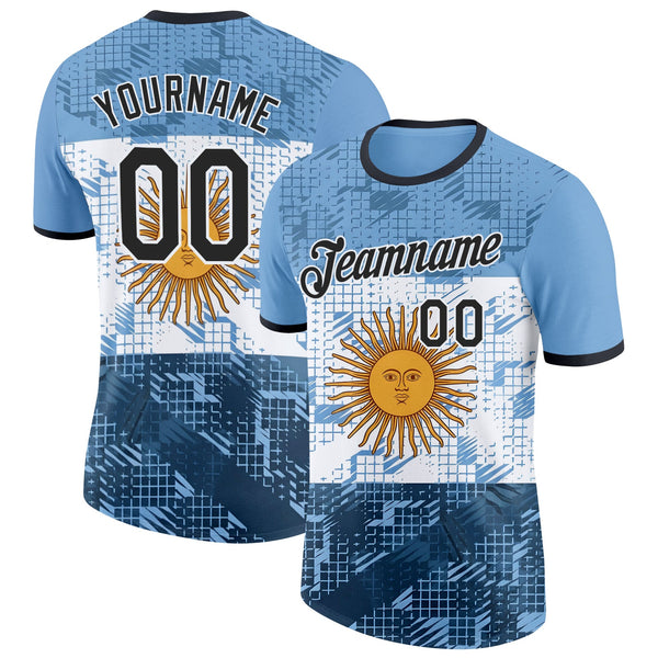 Custom Blue Black-White Argentina Sun Geometric Shape Soccer Jersey Performance T-Shirt