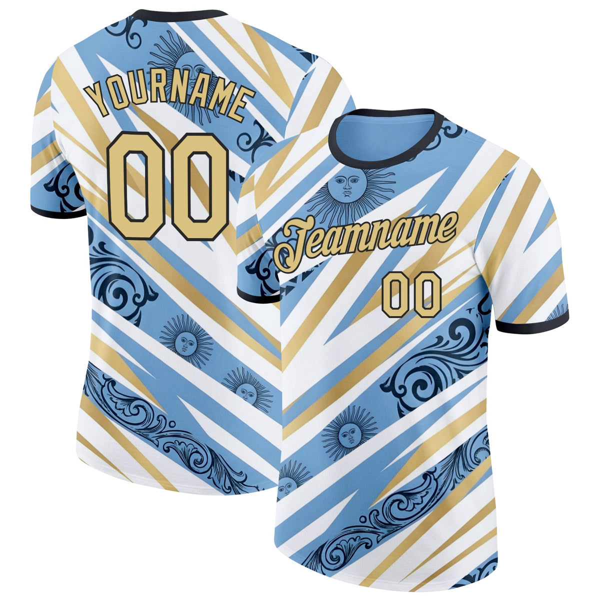 Custom Blue Vegas Gold Black-White Argentina Sun Line Soccer Jersey Performance T-Shirt