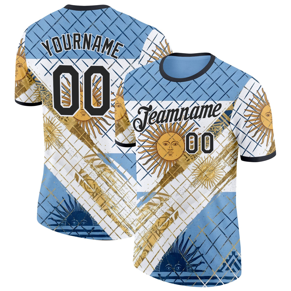 Custom Blue Black-White Argentina Sun Line Soccer Jersey Performance T-Shirt