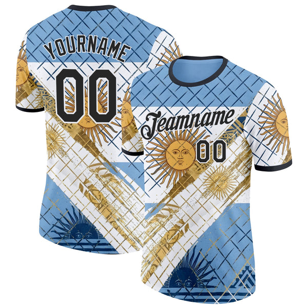 Custom Blue Black-White Argentina Sun Line Soccer Jersey Performance T-Shirt