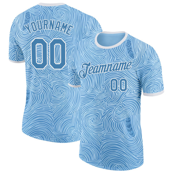 Custom Blue White Argentina Swirling Wave Soccer Jersey Performance T-Shirt