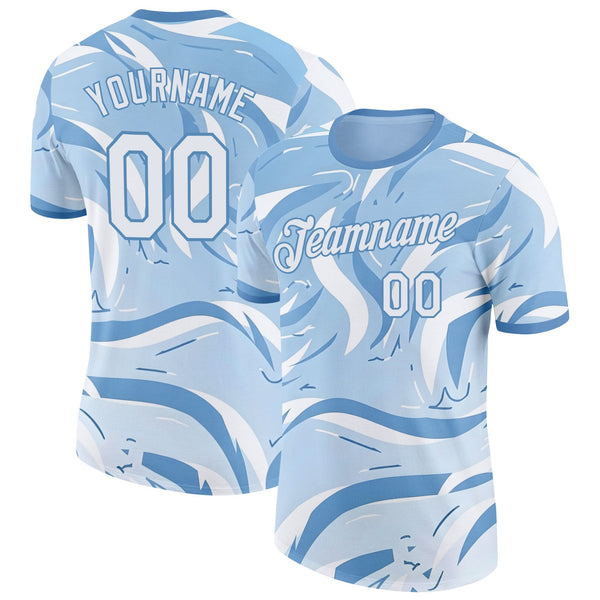 Custom Blue White Argentina Abstract Wave Soccer Jersey Performance T-Shirt