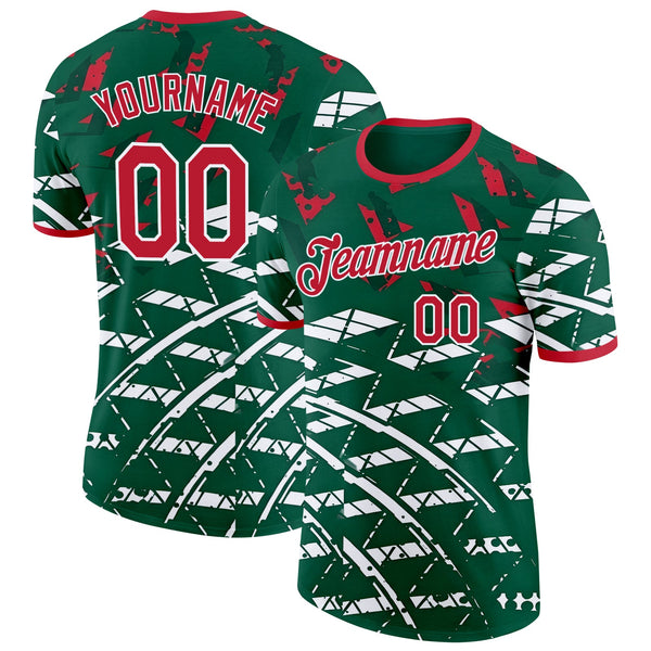 Custom Green Red-White Algeria Abstract Geometric Soccer Jersey Performance T-Shirt