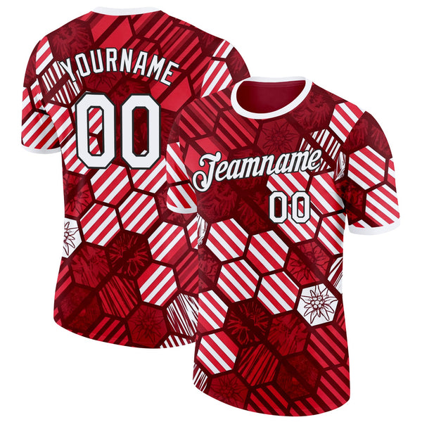 Custom Red White-Black Austria Hexagon Stripe Grunge Geometric Soccer Jersey Performance T-Shirt