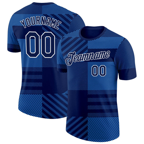 Custom Navy White-Blue Scotland Plaid Performance T-Shirt