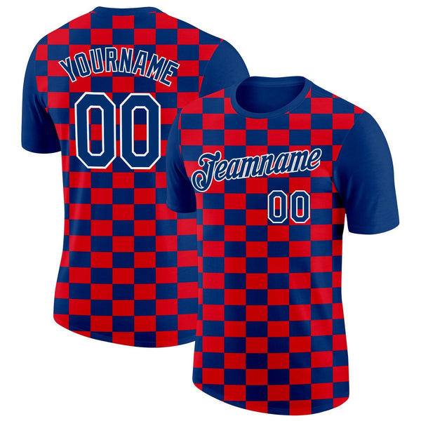 Custom US Navy Blue White-Red Croatia Plaid Performance T-Shirt