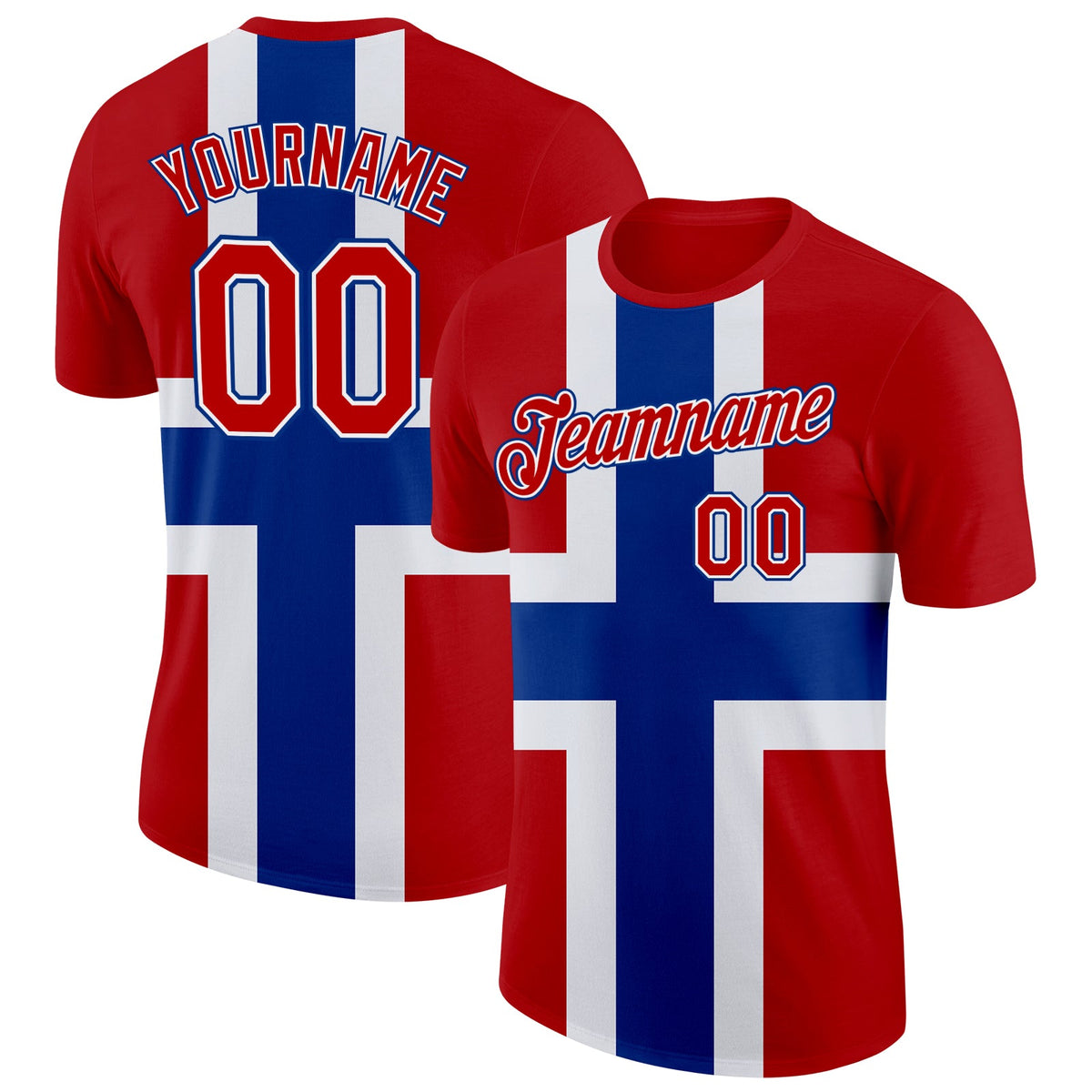 Custom Red White-Royal Norway 	Flag Soccer Jersey Performance T-Shirt