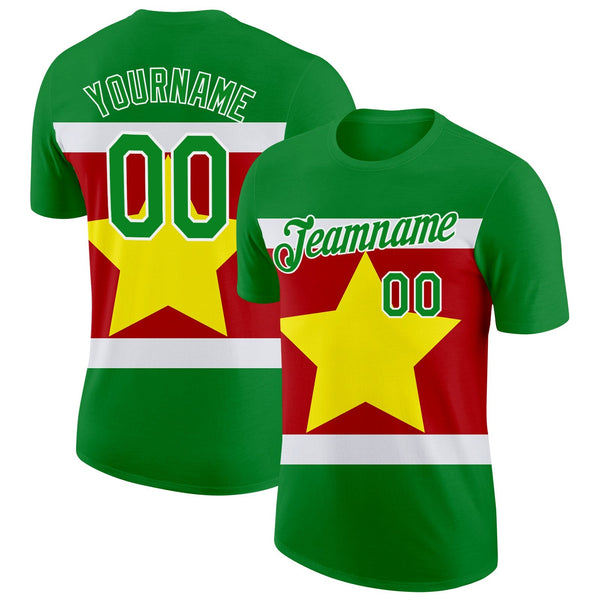 Custom Grass Green White Light Yellow-Red Surinam Flag Performance T-Shirt