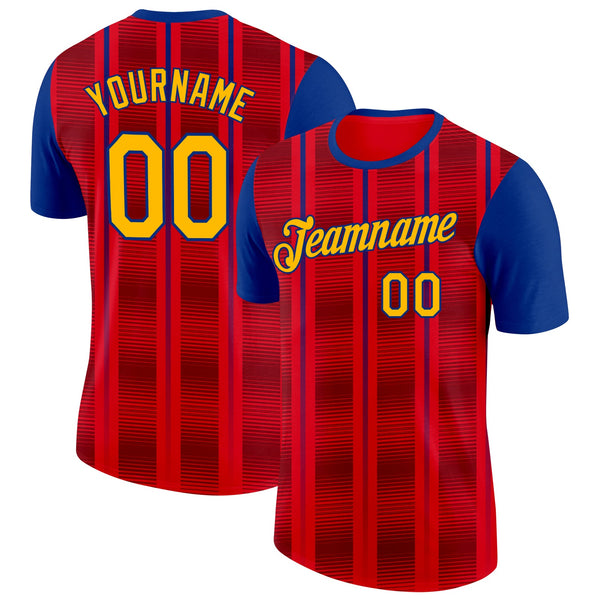 Custom Red Gold-Royal Spain Stripe Performance T-Shirt
