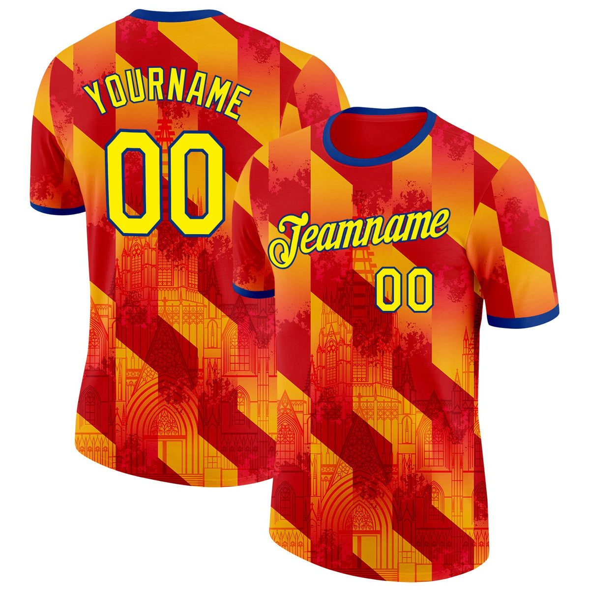 Custom Red Light Yellow-Royal Spain Diagonal Stripe Gothic Performance T-Shirt