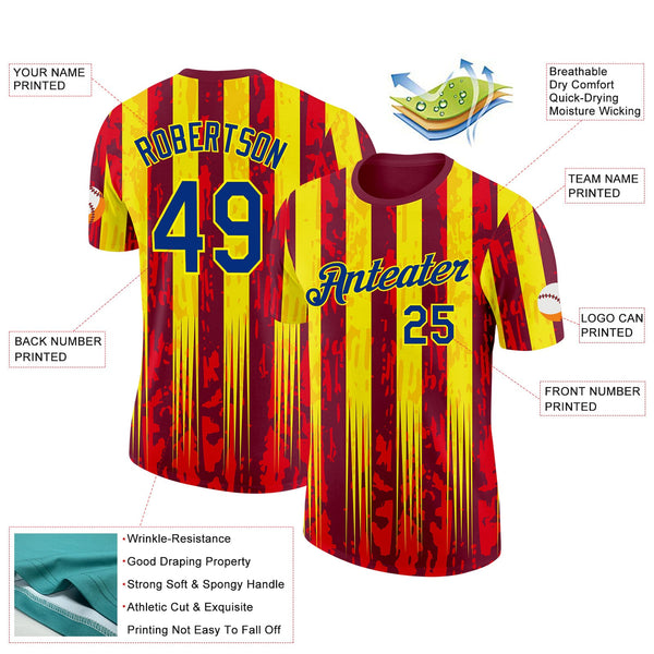 Custom Red Royal-Light Yellow Spain Splash Stripe Performance T-Shirt alternate