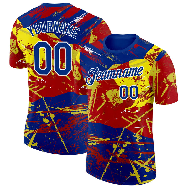 Custom Royal Red Yellow-White Spain Splash Performance T-Shirt