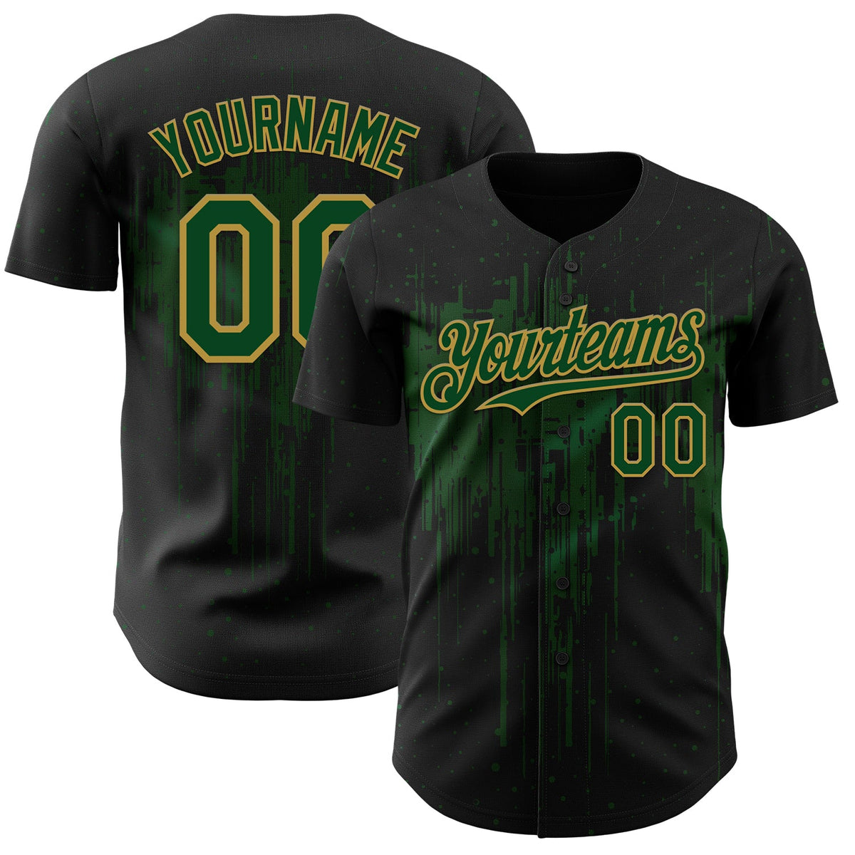 Custom Black Green-Old Gold Dripping Splatter Paint Authentic Baseball Jersey