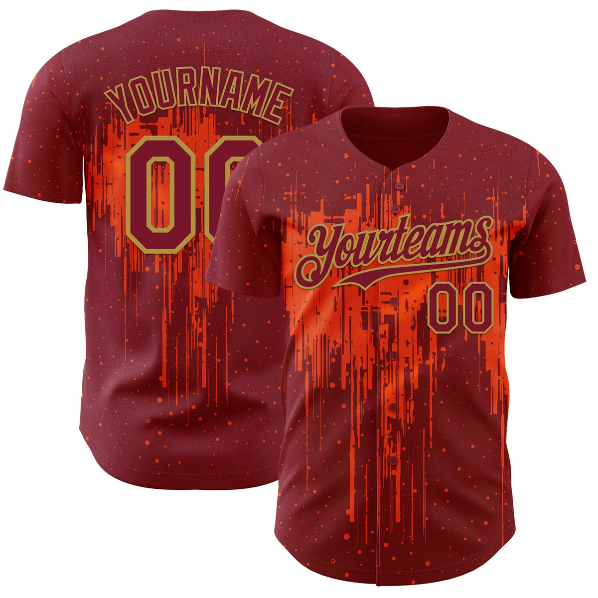 Custom Crimson Old Gold Orange Dripping Splatter Paint Authentic Baseball Jersey