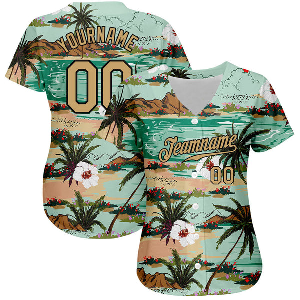 Custom Aqua Old Gold-Black 3D Pattern Design Hawaii Palm Trees And Flowers Authentic Baseball Jersey alternate