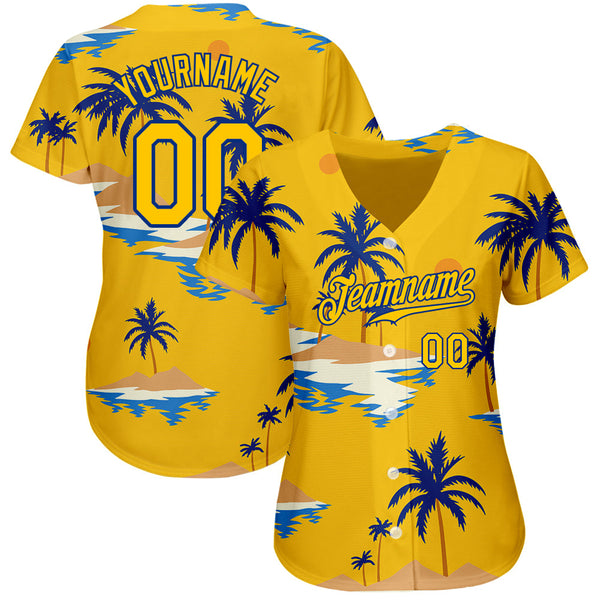Custom Yellow Royal 3D Pattern Design Sun Beach Hawaii Palm Trees Authentic Baseball Jersey alternate