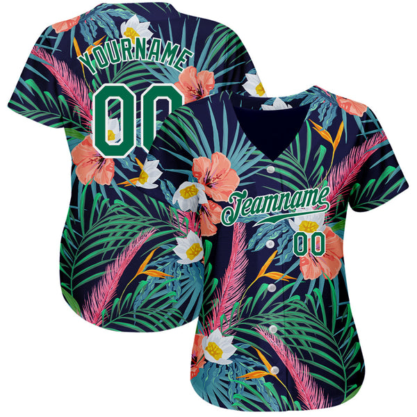 Custom Black Kelly Green-White 3D Pattern Design Hawaii Palm Leaves And Flowers Authentic Baseball Jersey alternate