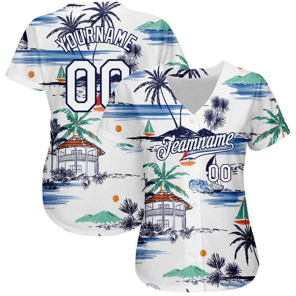Custom White Navy 3D Pattern Design Hawaii Palm Trees Island And Sailboat Authentic Baseball Jersey alternate