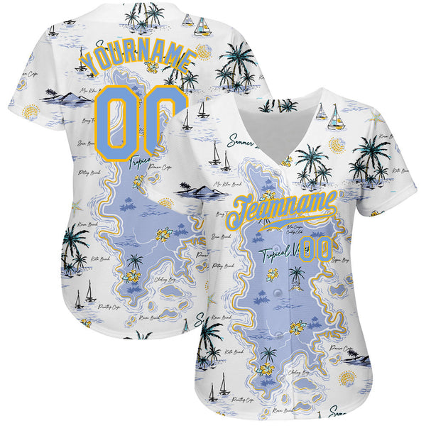 Custom White Light Blue-Yellow 3D Pattern Design Beach Hawaii Palm Trees And Island Authentic Baseball Jersey alternate