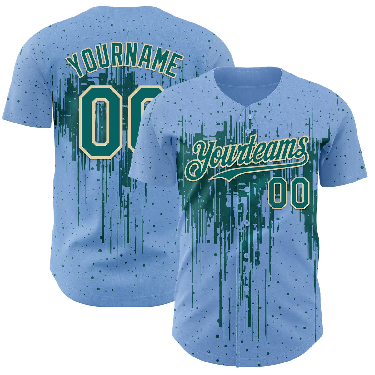 Custom Light Blue Teal-Cream Dripping Splatter Paint Authentic Baseball Jersey