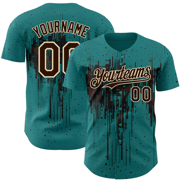 Custom Teal Brown-Cream Dripping Splatter Paint Authentic Baseball Jersey
